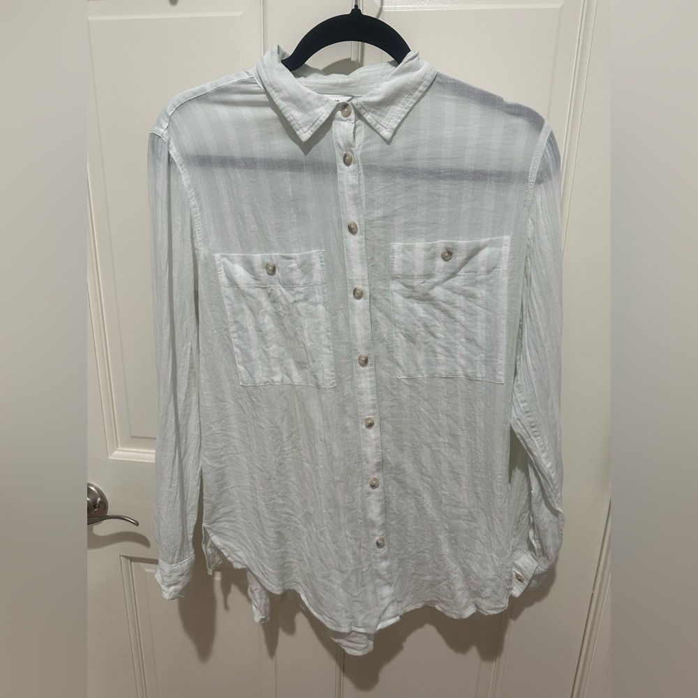 Women’s Club Monaco White and Mint Green Stripe  Button Down Shirt, Size S